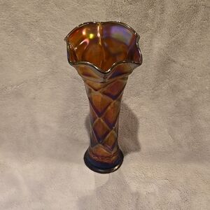 Antique Dugan Glass Lattice and Points Amethyst Carnival‎ Glass Vase 8″